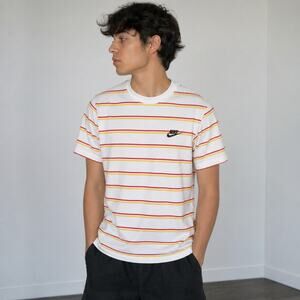 Nike Striped T Shirt Small White Red Yellow Bright Embroidered Swoosh Casual Tee